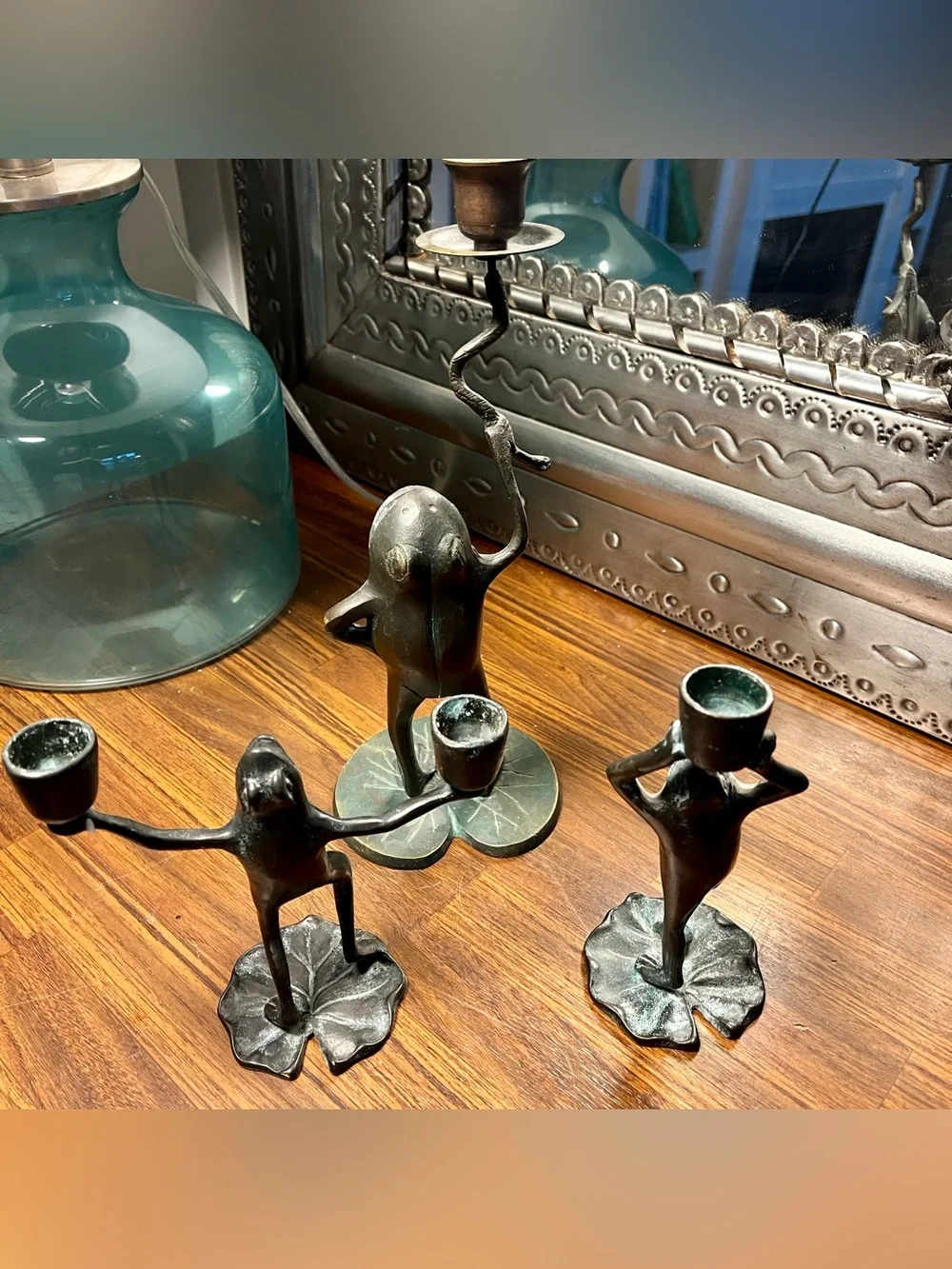 SPI Bronze Oxidized Verdigris Frog candlesticks x3 metal Art vintage